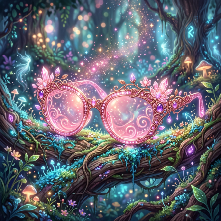 Ornate pink crystal glasses resting on a glowing enchanted forest branch
