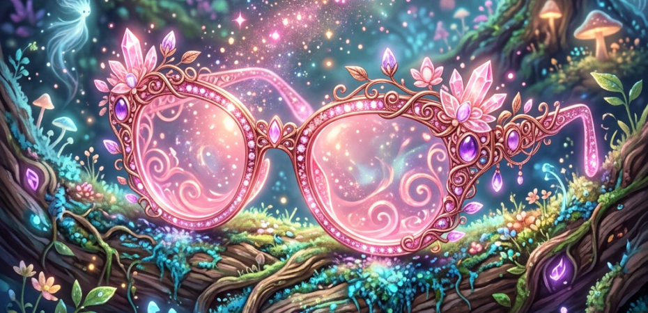 Ornate pink crystal glasses resting on a glowing enchanted forest branch